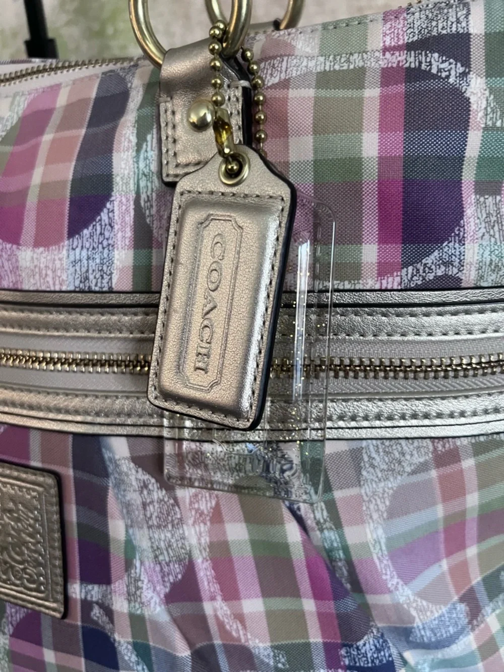 COACH POPPY BLUE GREEN PINK IVORY TARTAN PLAID LG TOTE SATCHEL HANDBAG - Picture 3 of 11